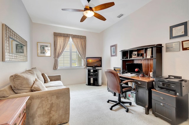 office space with ceiling fan and light colored carpet