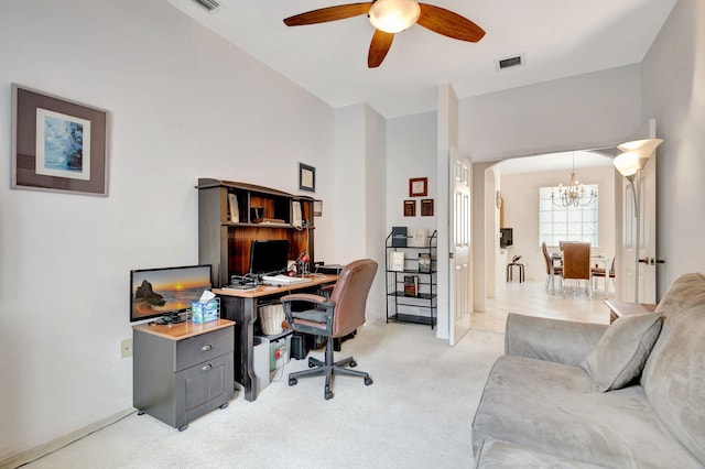 office area with light colored carpet and ceiling fan with notable chandelier