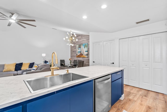 kitchen with visible vents, open floor plan, blue cabinets, stainless steel dishwasher, and a sink