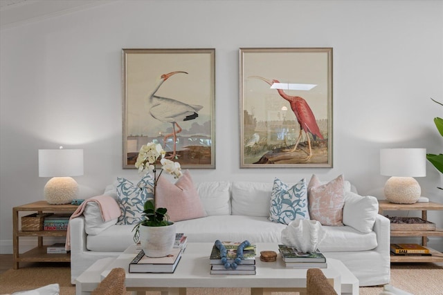 living room with carpet flooring and vaulted ceiling