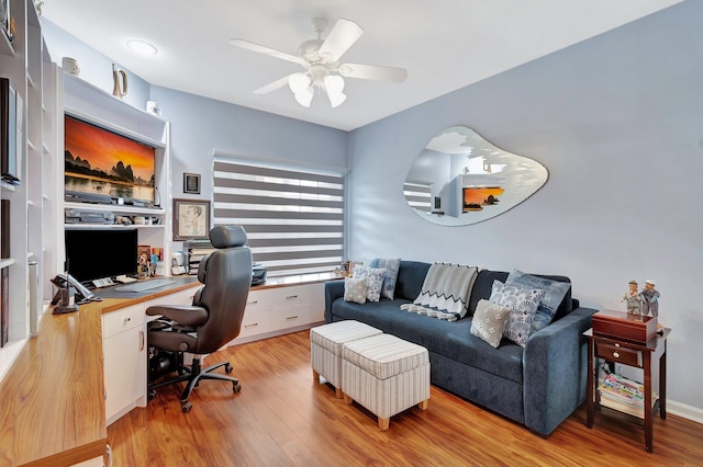 office area featuring ceiling fan and light hardwood / wood-style floors