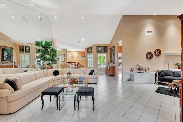 tiled living room with high vaulted ceiling