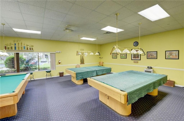 game room featuring visible vents, a drop ceiling, carpet flooring, pool table, and baseboards