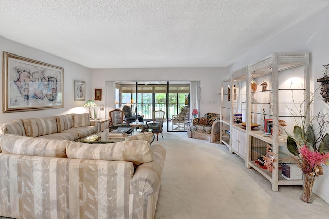 carpeted living room with a textured ceiling