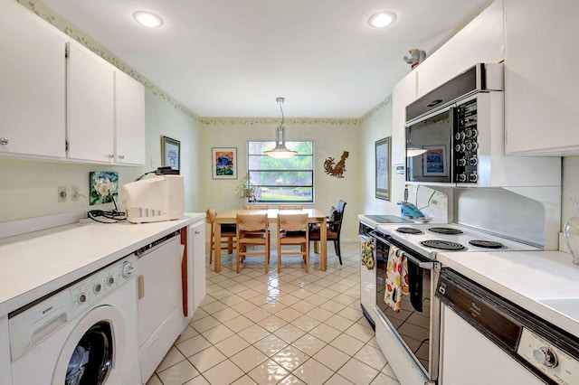 kitchen featuring white cabinetry, hanging light fixtures, white appliances, and light tile patterned floors