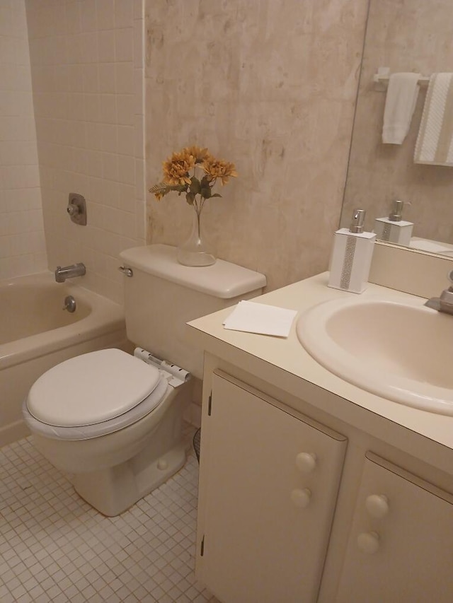 full bathroom featuring toilet, shower / tub combination, vanity, and tile patterned floors