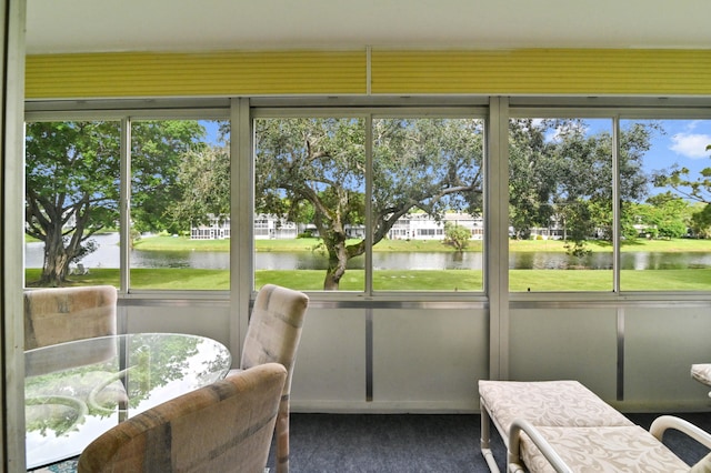 sunroom / solarium with a water view and a healthy amount of sunlight