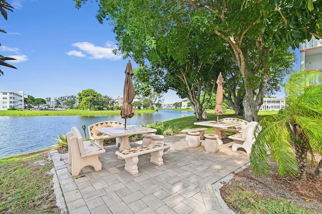 view of patio / terrace with a water view