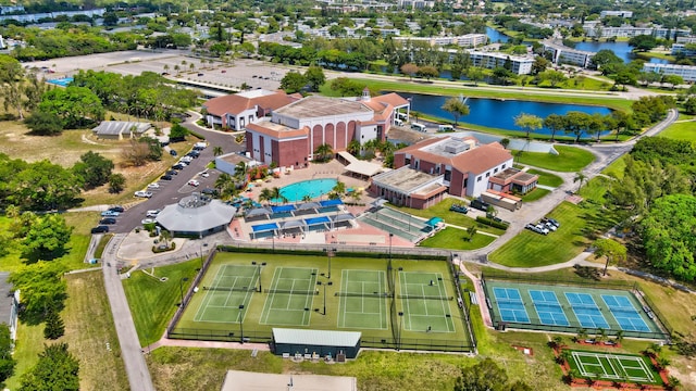 birds eye view of property featuring a water view