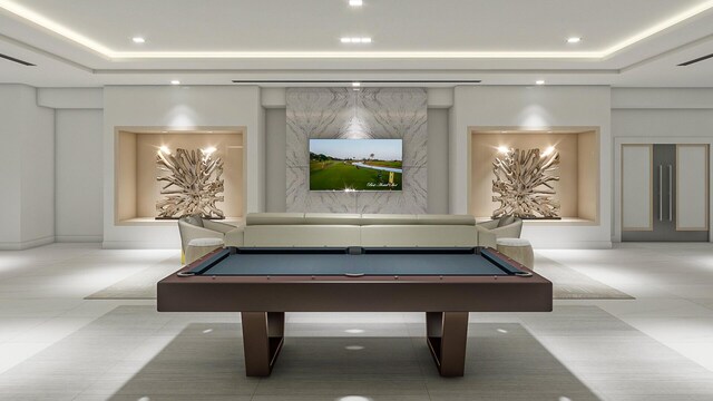 playroom with recessed lighting, pool table, and a raised ceiling