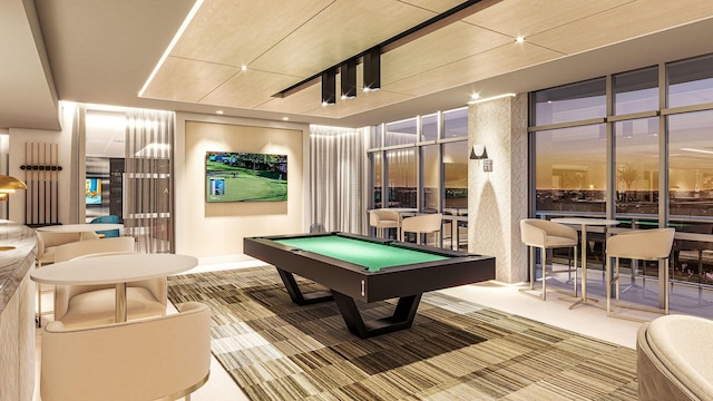 recreation room featuring baseboards, carpet, and pool table