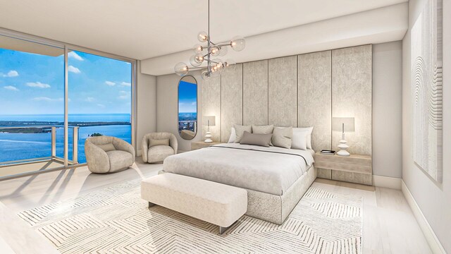 bedroom featuring a chandelier, a water view, baseboards, and expansive windows