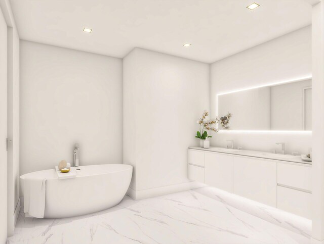 bathroom with marble finish floor, a sink, recessed lighting, double vanity, and a soaking tub