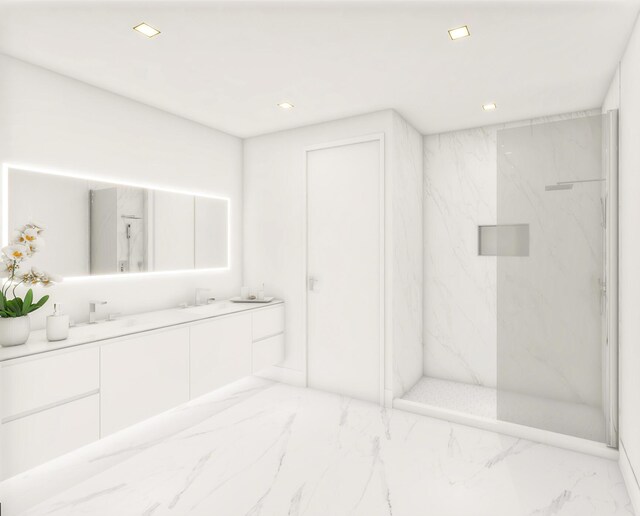 full bathroom with a soaking tub, double vanity, recessed lighting, a sink, and marble finish floor