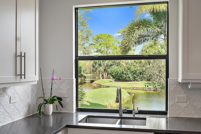 room details with decorative backsplash, white cabinetry, sink, and a water view