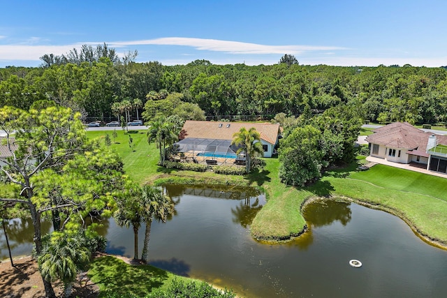 bird's eye view featuring a water view and a forest view