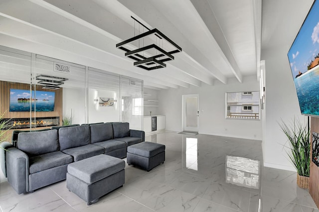 living room featuring beamed ceiling