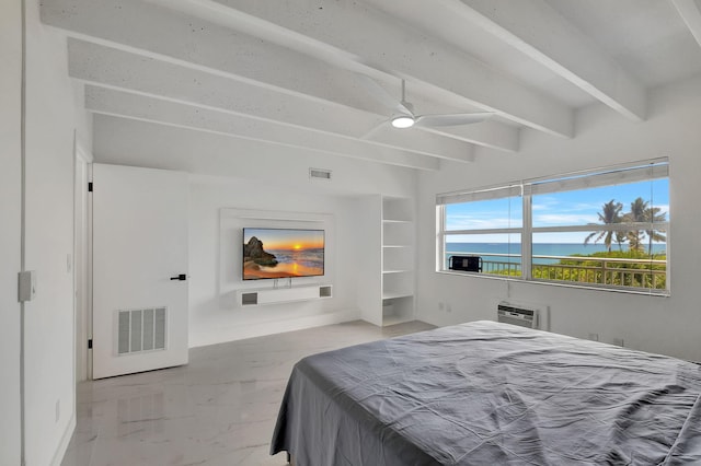 bedroom featuring a water view, ceiling fan, beam ceiling, and a wall mounted air conditioner