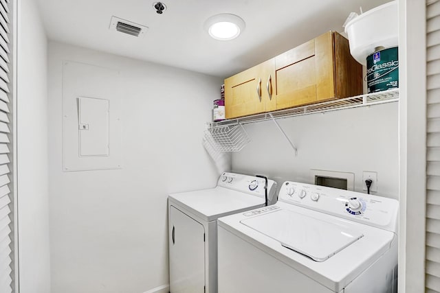 laundry area with washing machine and dryer, laundry area, visible vents, and electric panel