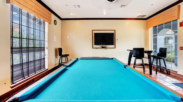 recreation room with visible vents, crown molding, and billiards