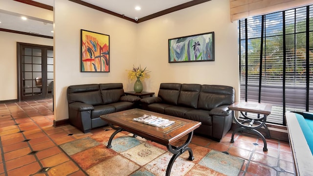 tiled living area with ornamental molding, recessed lighting, and baseboards