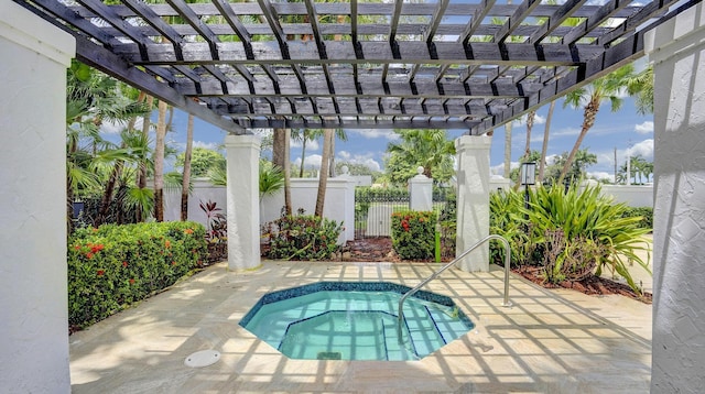 view of swimming pool featuring a community hot tub, fence, a patio, and a pergola