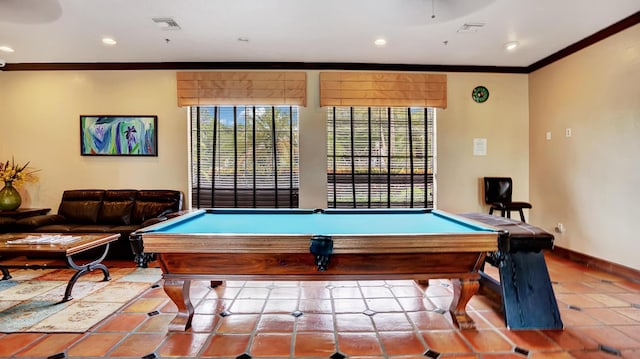 recreation room with ornamental molding, light tile patterned floors, and billiards