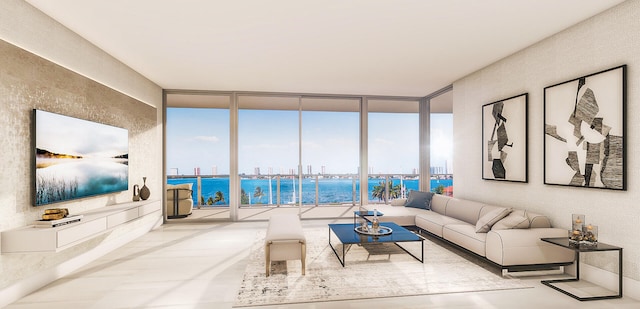 living room with floor to ceiling windows