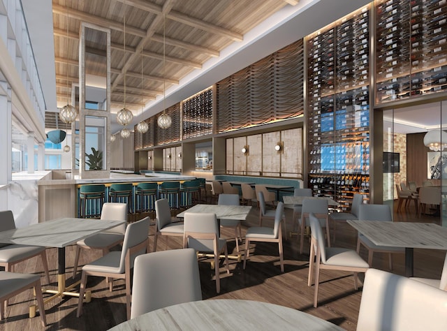 dining space with beamed ceiling, hardwood / wood-style flooring, coffered ceiling, and an inviting chandelier