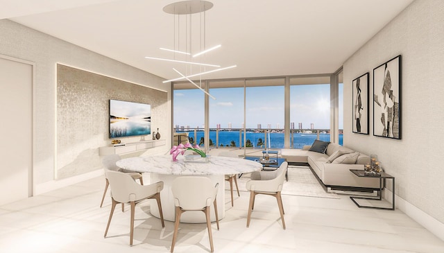 dining room with floor to ceiling windows and a chandelier