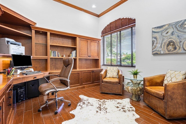 office featuring dark wood-type flooring and ornamental molding