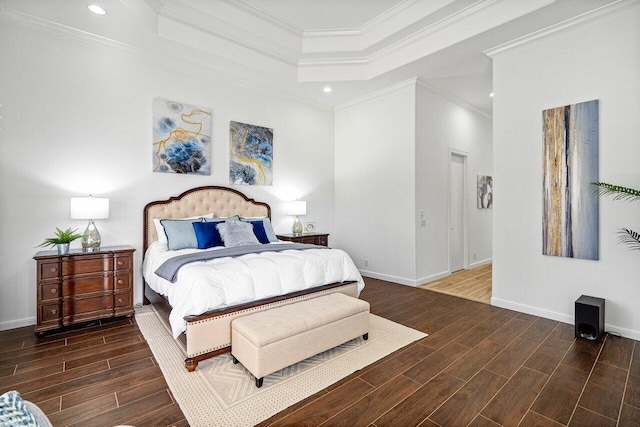 bedroom featuring dark hardwood / wood-style floors and ornamental molding