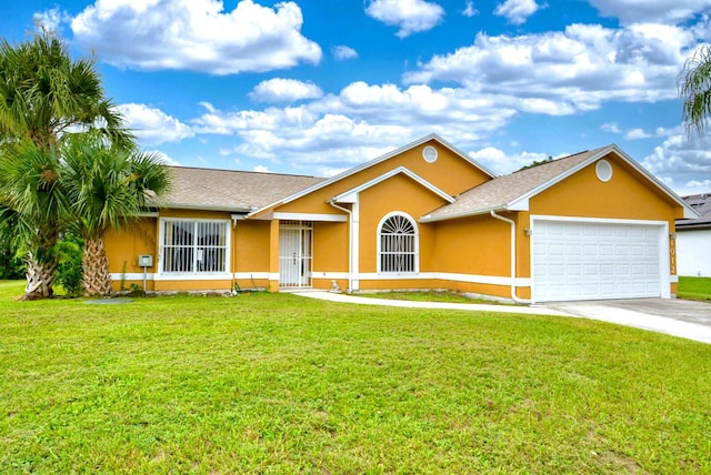 ranch-style house featuring a front yard and a garage