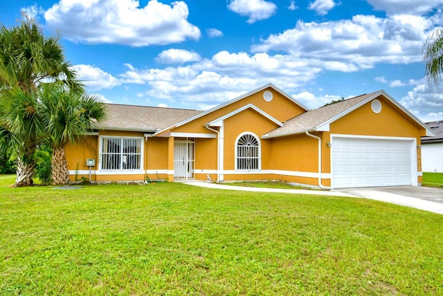 single story home with a garage, driveway, a front lawn, and stucco siding