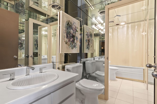 full bathroom with shower / bath combo, toilet, tile patterned floors, and vanity