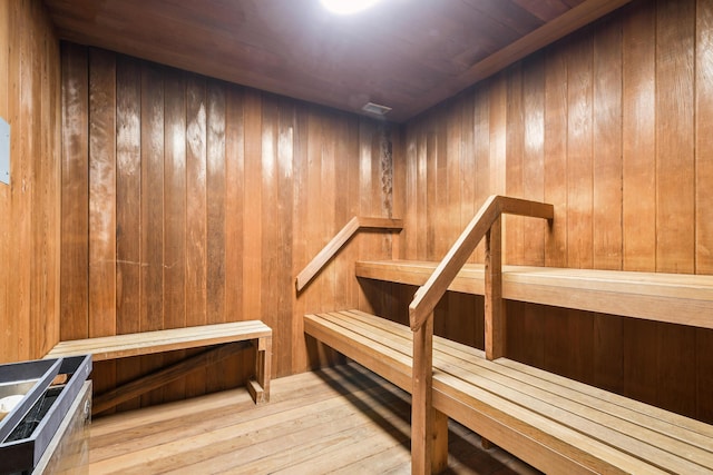 view of sauna with wood finished floors