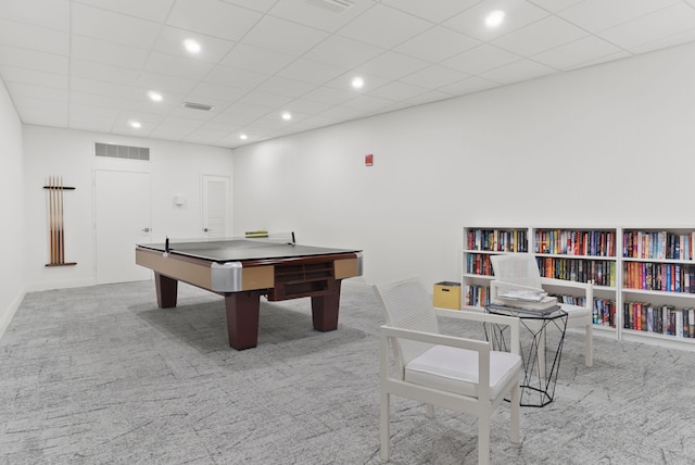 game room featuring recessed lighting, visible vents, and light colored carpet