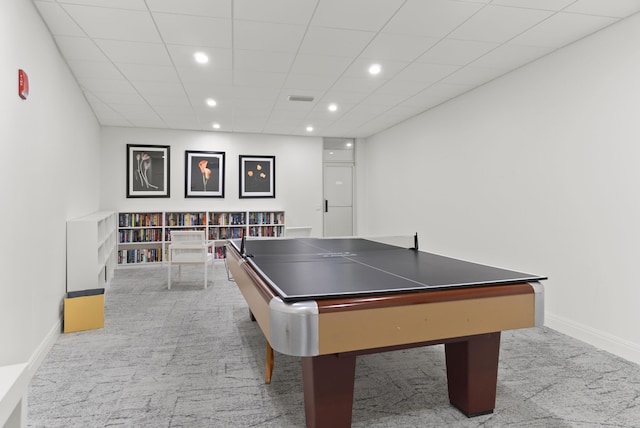 recreation room with recessed lighting, light colored carpet, visible vents, and baseboards