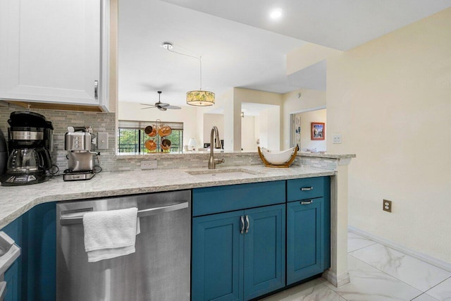 kitchen featuring light tile patterned flooring, ceiling fan, sink, dishwasher, and backsplash