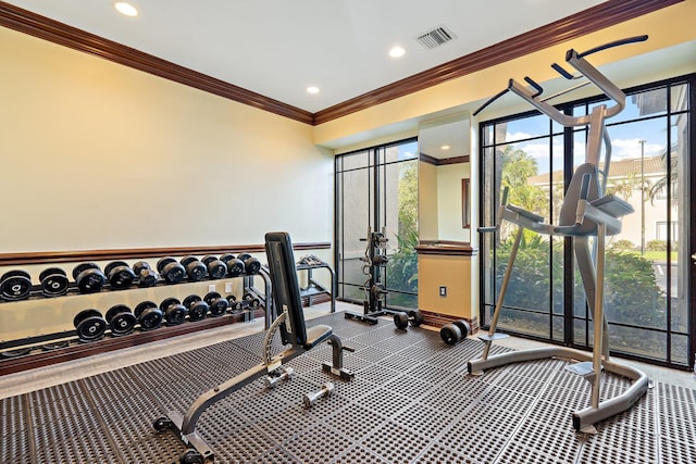 exercise room featuring ornamental molding and carpet