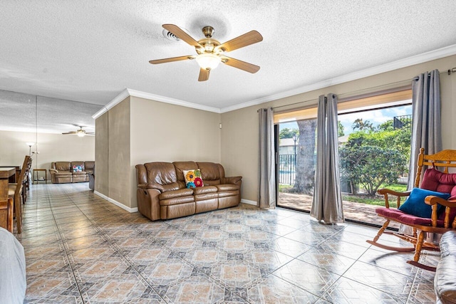 tiled living room featuring ceiling fan, a textured ceiling, and crown molding