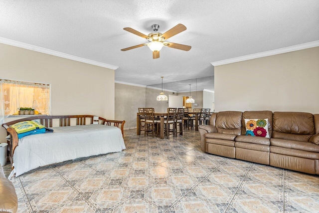 tiled bedroom with a textured ceiling and crown molding