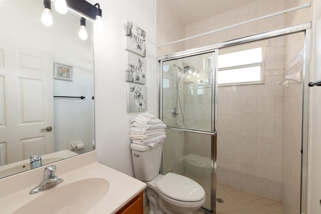 full bath featuring a shower stall, toilet, and vanity