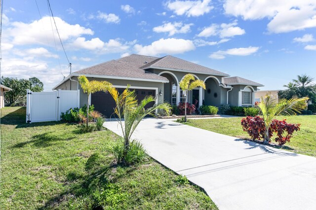 mediterranean / spanish-style home featuring a garage and a front lawn