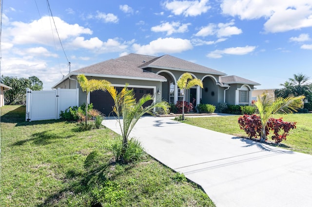 mediterranean / spanish home featuring a front yard, a gate, stucco siding, concrete driveway, and a garage