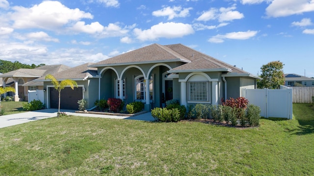 view of front facade with a front yard, an attached garage, driveway, and stucco siding