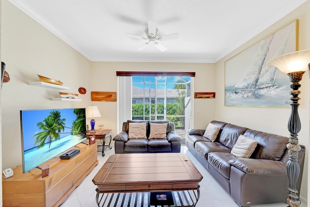 living room featuring ceiling fan, crown molding, and light tile patterned flooring