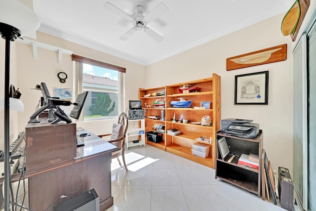 tiled home office with ceiling fan and crown molding