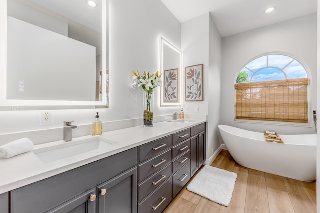 bathroom featuring hardwood / wood-style floors, vanity, and a tub to relax in