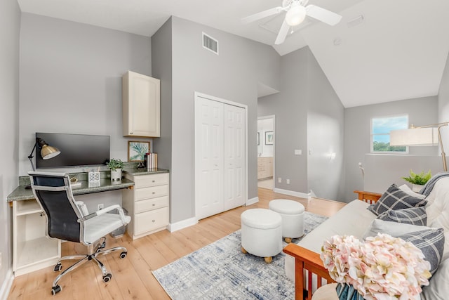 office space with light wood-type flooring, visible vents, ceiling fan, and baseboards